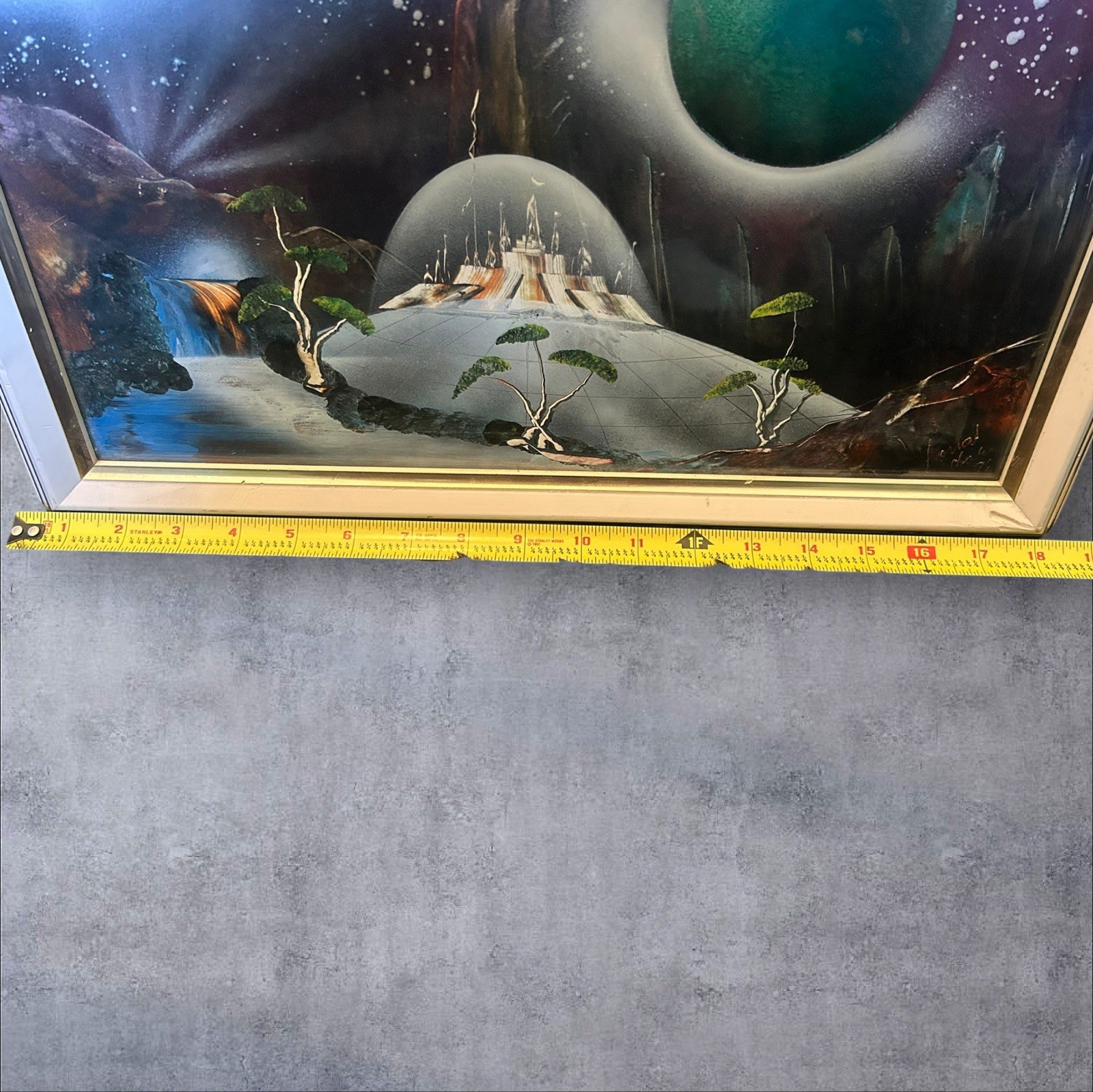 Original Signed 1996 Spray Paint Space Art – Framed SciFi Surreal Painting 18×22