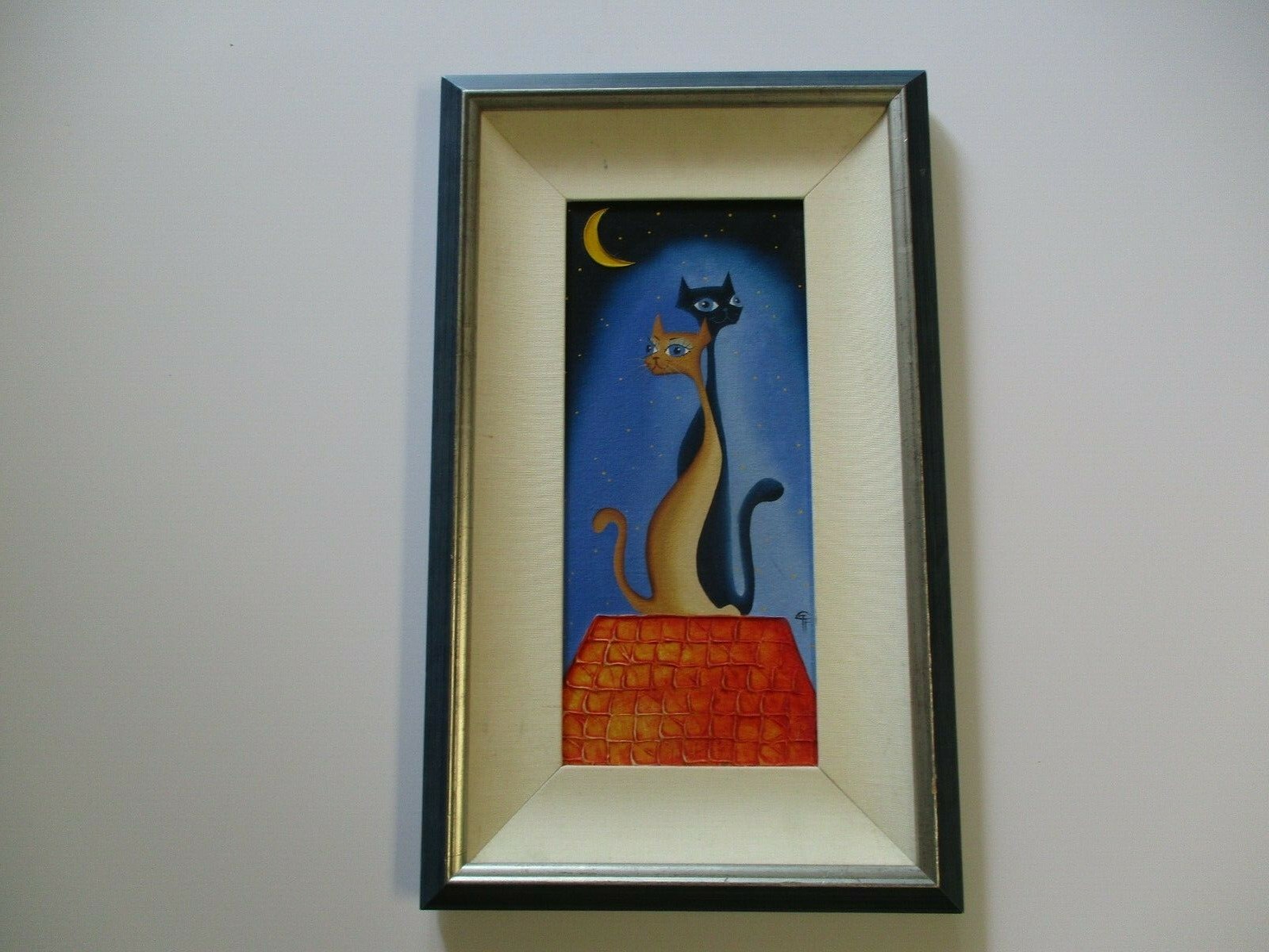 WHIMSICAL PAINTING VINTAGE CONTEMPORARY CAT KITTEN LANDSCAPE URBAN MOON SIGNED