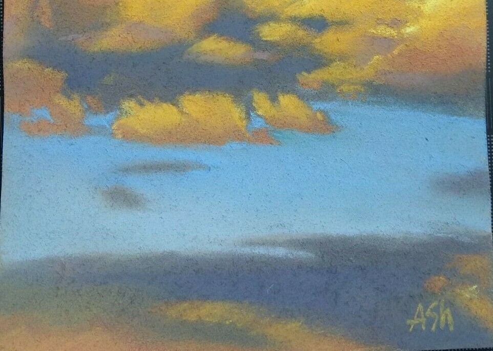 Sunset Cloudy Sky Yellow Clouds Original Pastel Drawing 8 1/4 x 11 1/2 in