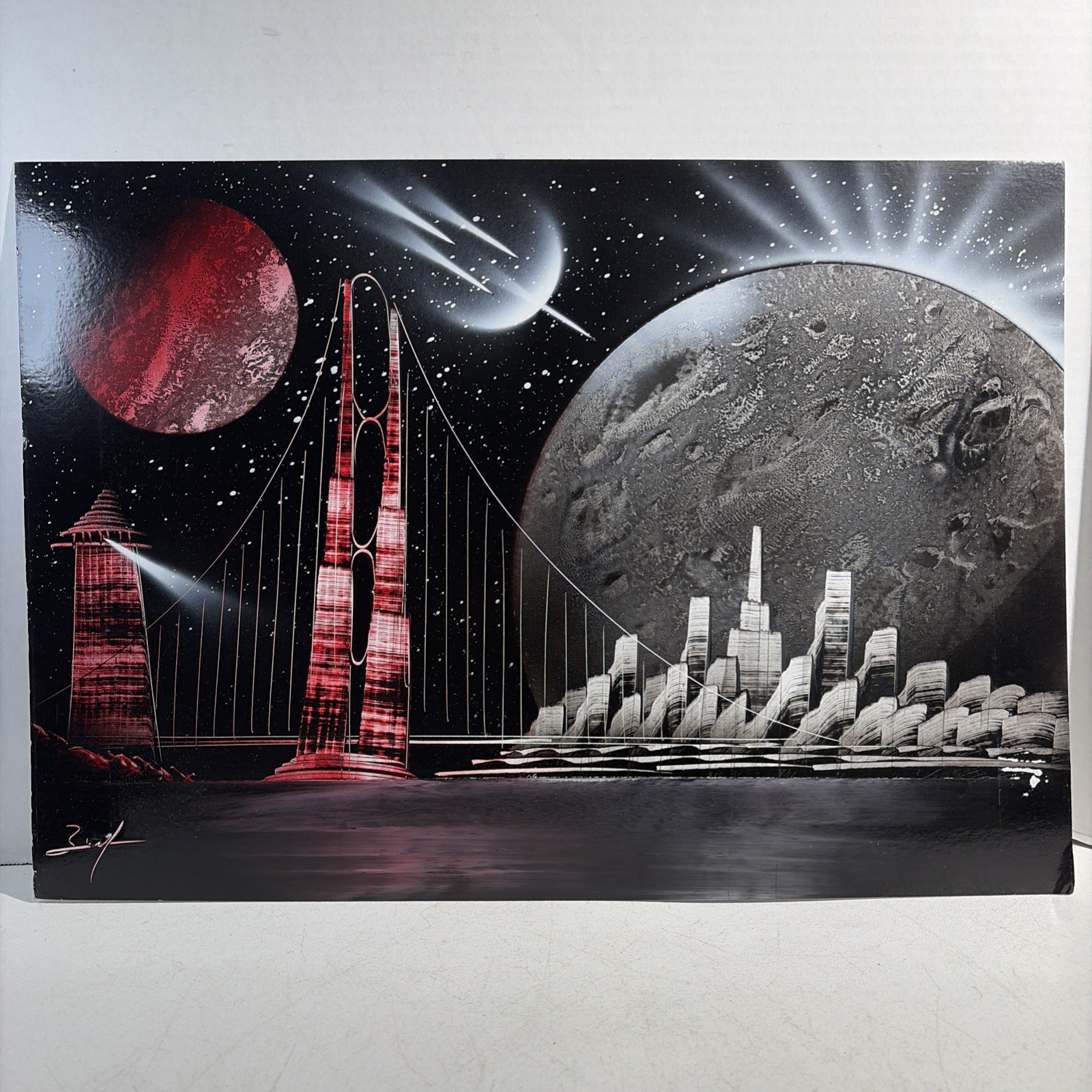Original Spray Paint Art Painting Outer Space Sci-fi Planets Bridge Lighthouse