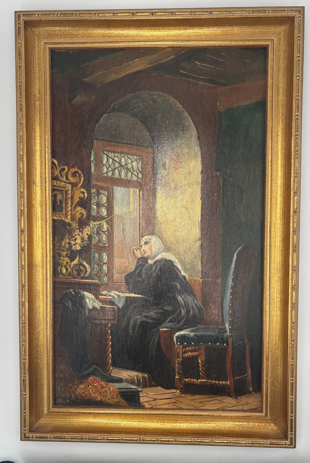 Antique Oil Painting 19th c After Gustav Adolf Kuntz ~ A Greeting From The World