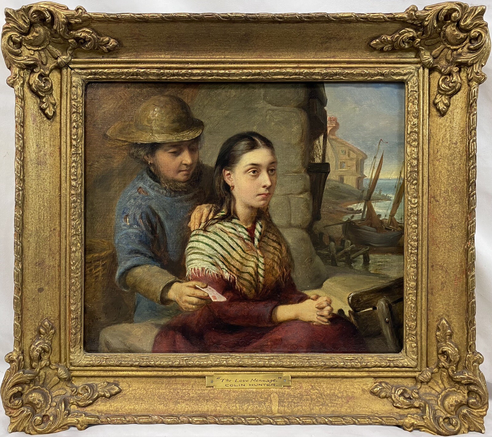 Antique 19th C. Colin Hunter “The Love Message” Fisherman & Lady Oil SIGNED