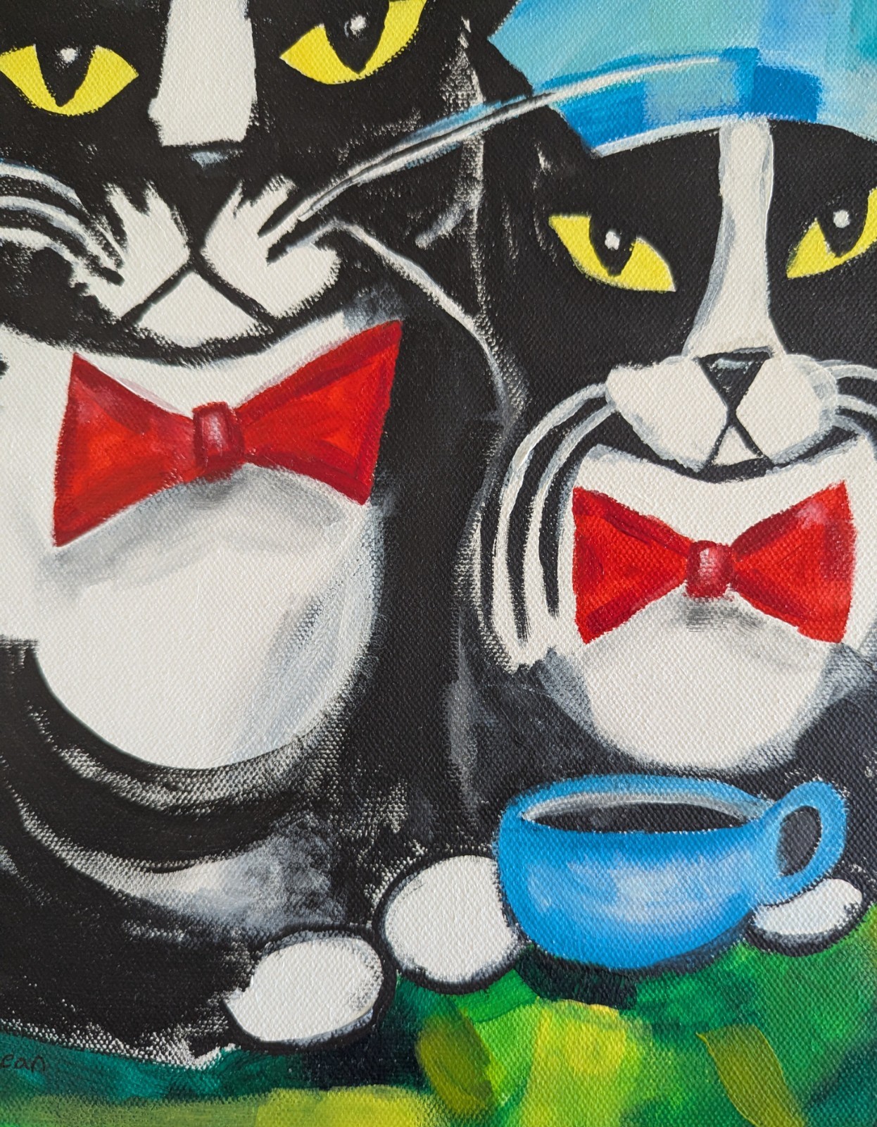 Cat Painting Original Collectible Modern Tuxedo Coffee Folk Art Samantha McLean
