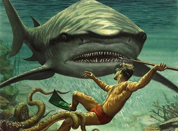 SHARK Attack Painting Giclee Canvas 16″x20″ with Mat Frame
