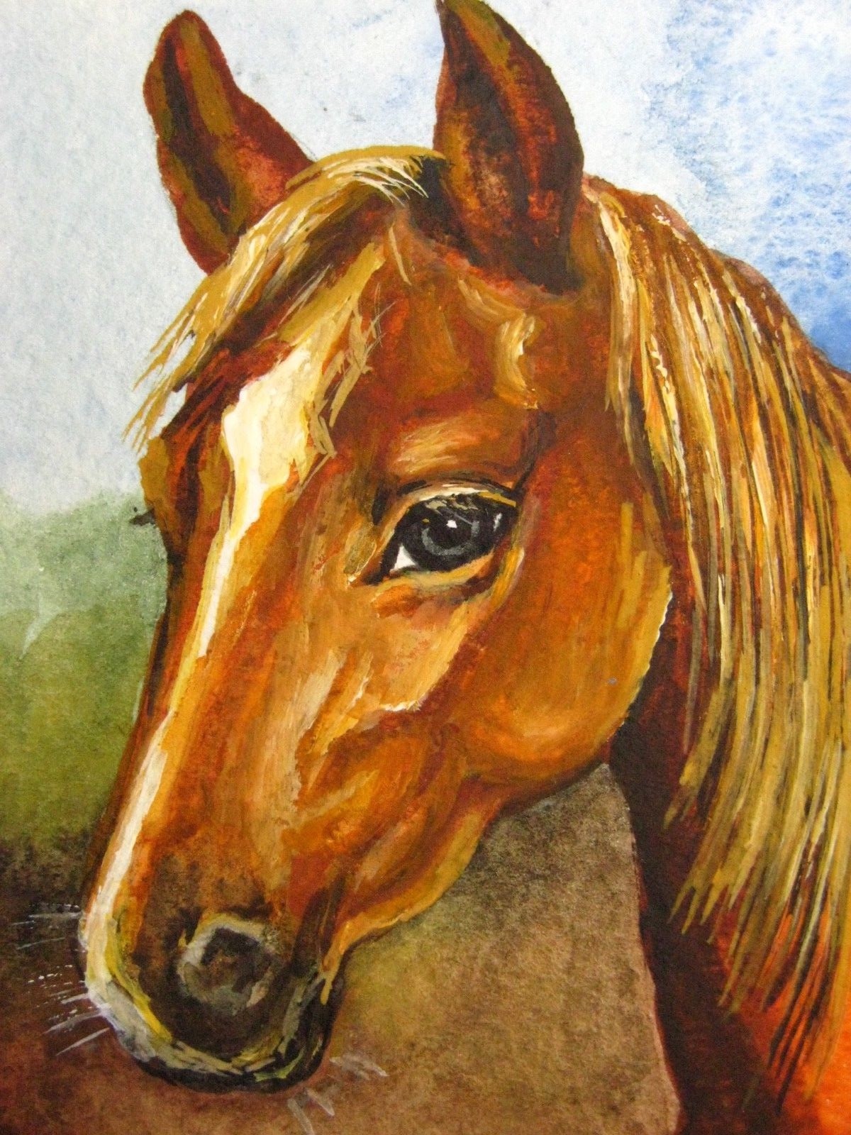 Watercolor Painting Brown Horse Portrait Farm Animals Nature ACEO Art