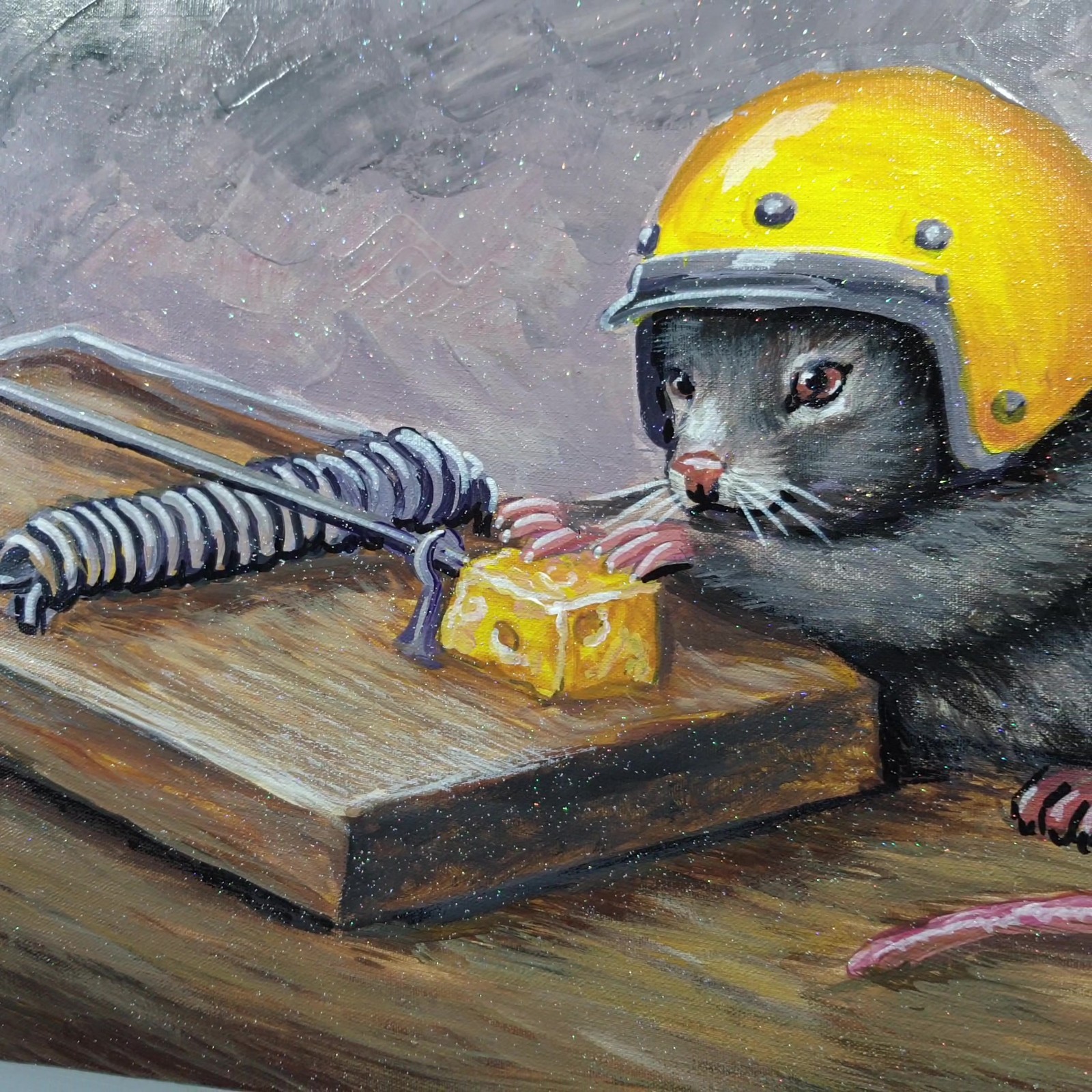 Original Acrylic Painting Mouse Yellow Helmet Cheese Trap Canvas Humor Wall Art