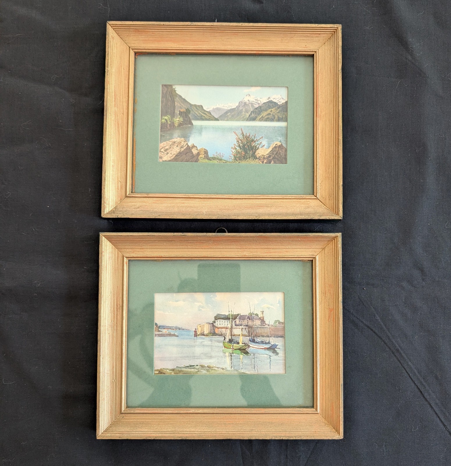 Vintage Wood Picture Frame Landscape Prints Fleck Bros Gold Trim Pair Set Of 2