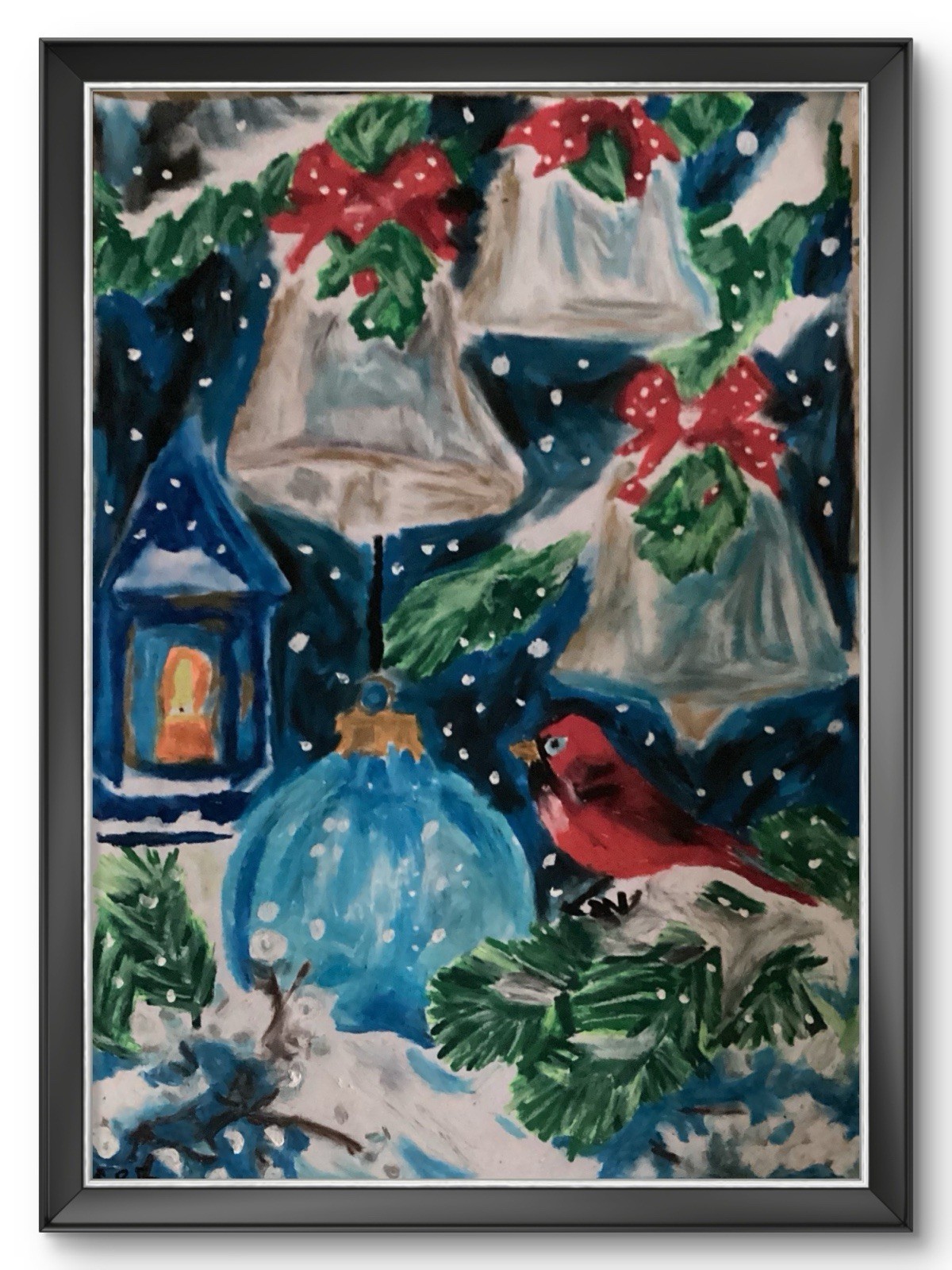 Christmas Winter Holiday Bird Jingle Bells Blue Snow Original Art 18×24 on Paper