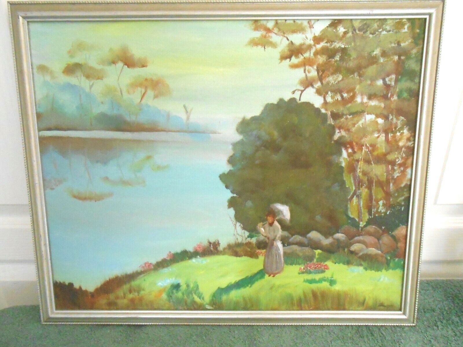 A.H. GORDON–WOMEN WITH UMBRELLA BY LAKE–MUTED COLORS–17 1/2″ X 21 1/2″