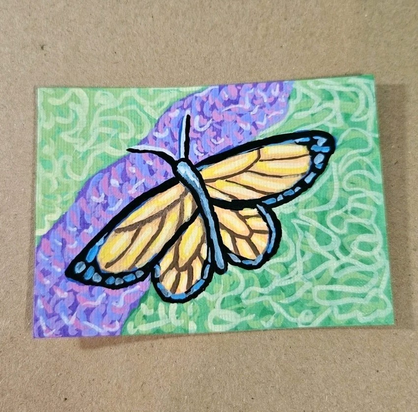 ACEO Monarch Butterfly on Purple Flower Mini Painting Signed Acrylic Marker Art