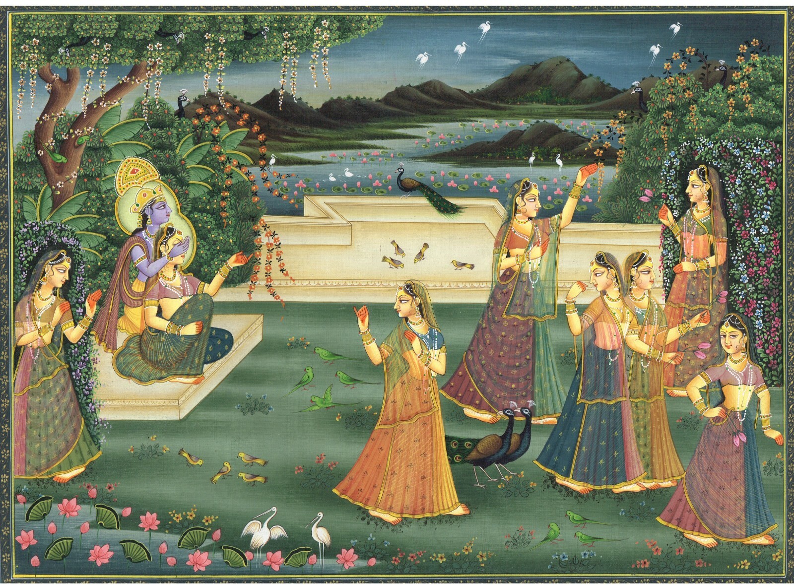 Radha Krishna Painting Hand Miniature Hindu Religious Art 17.5×13.5 Inches
