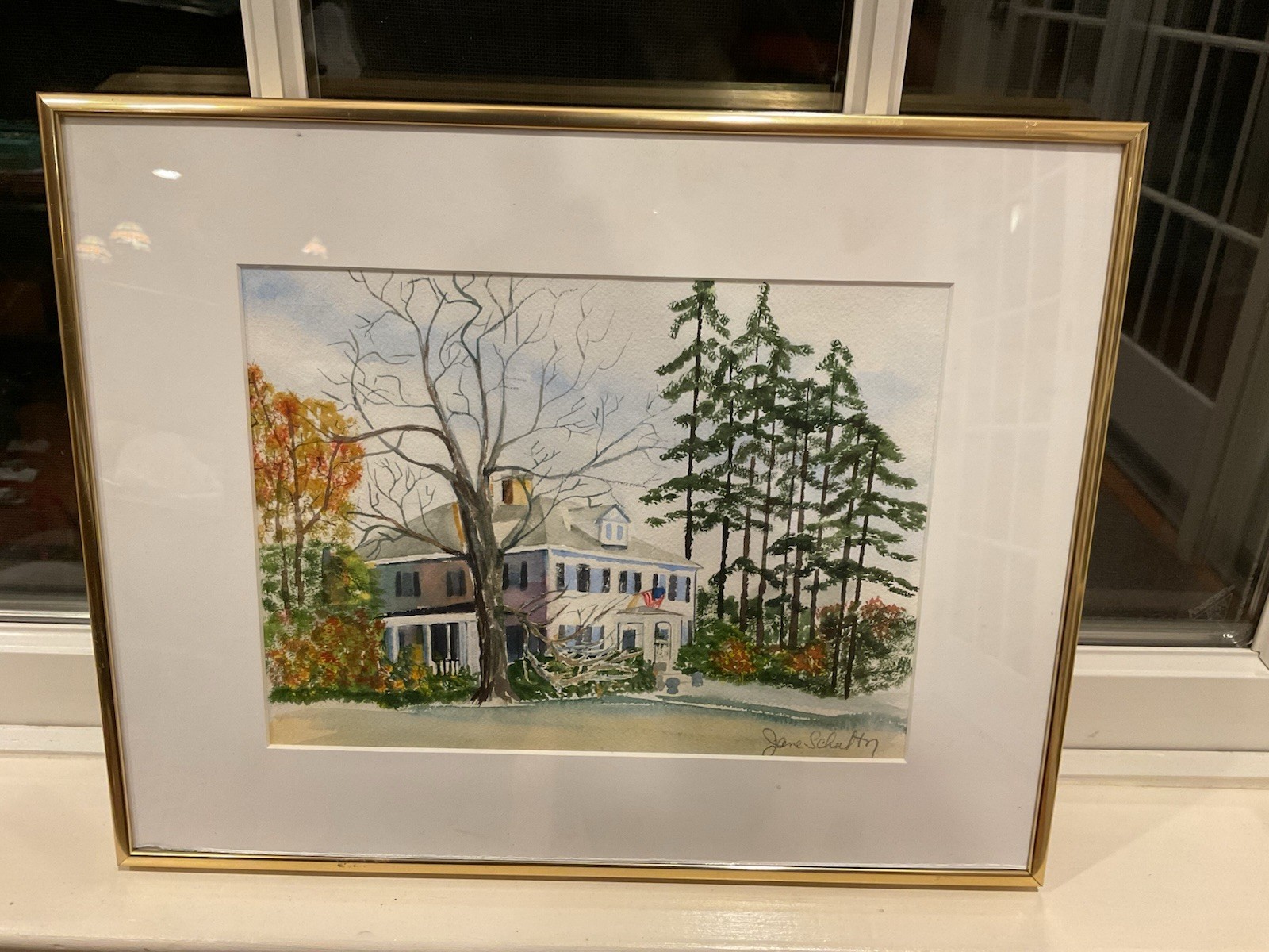 Jane Schultz Lovely Signed Framed Watercolor Painting – listed Ct. artist