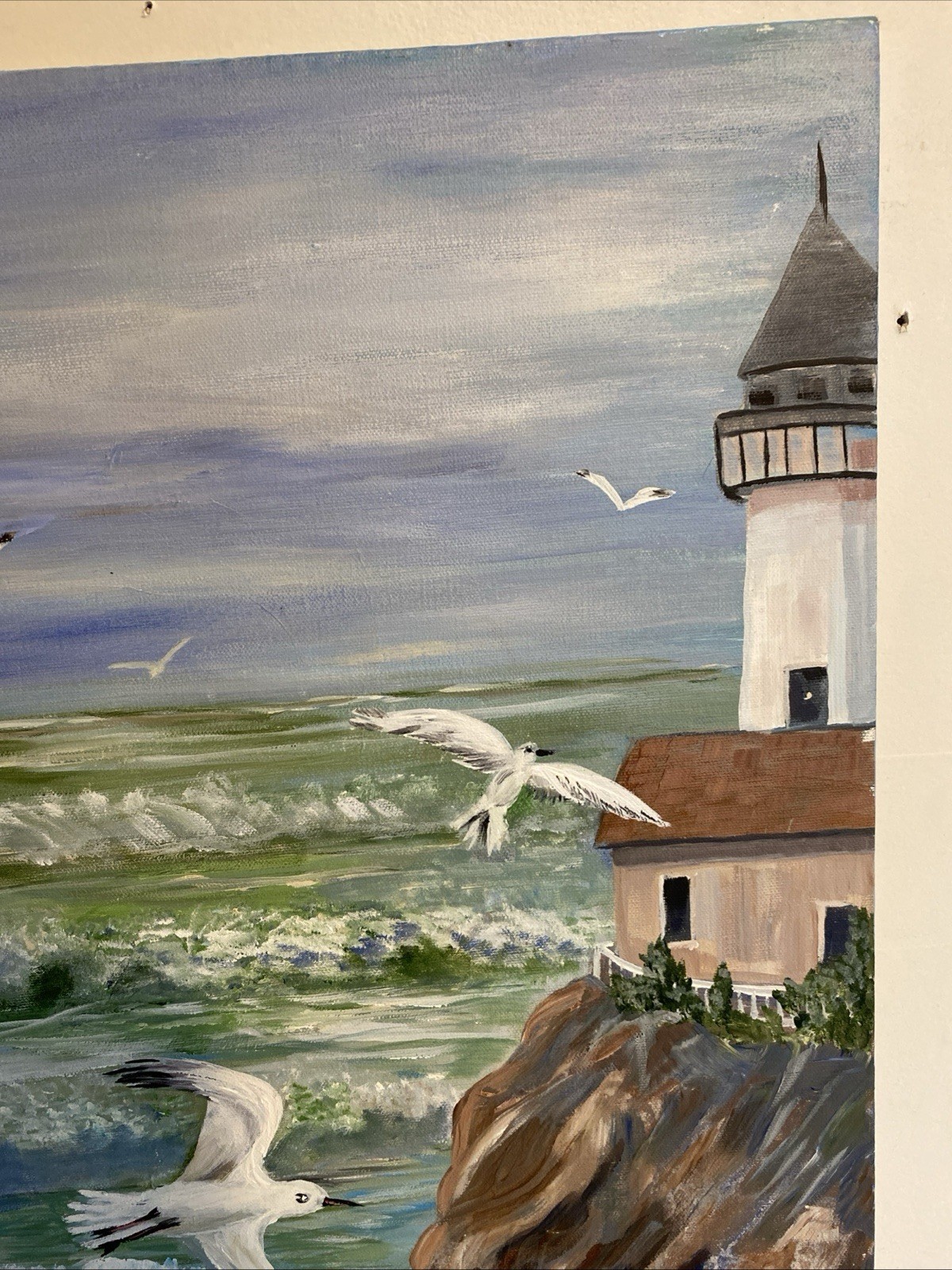 Seascape Lighthouse Acrylic Painting Signed WEBB Waves Crashing Rock Seagulls