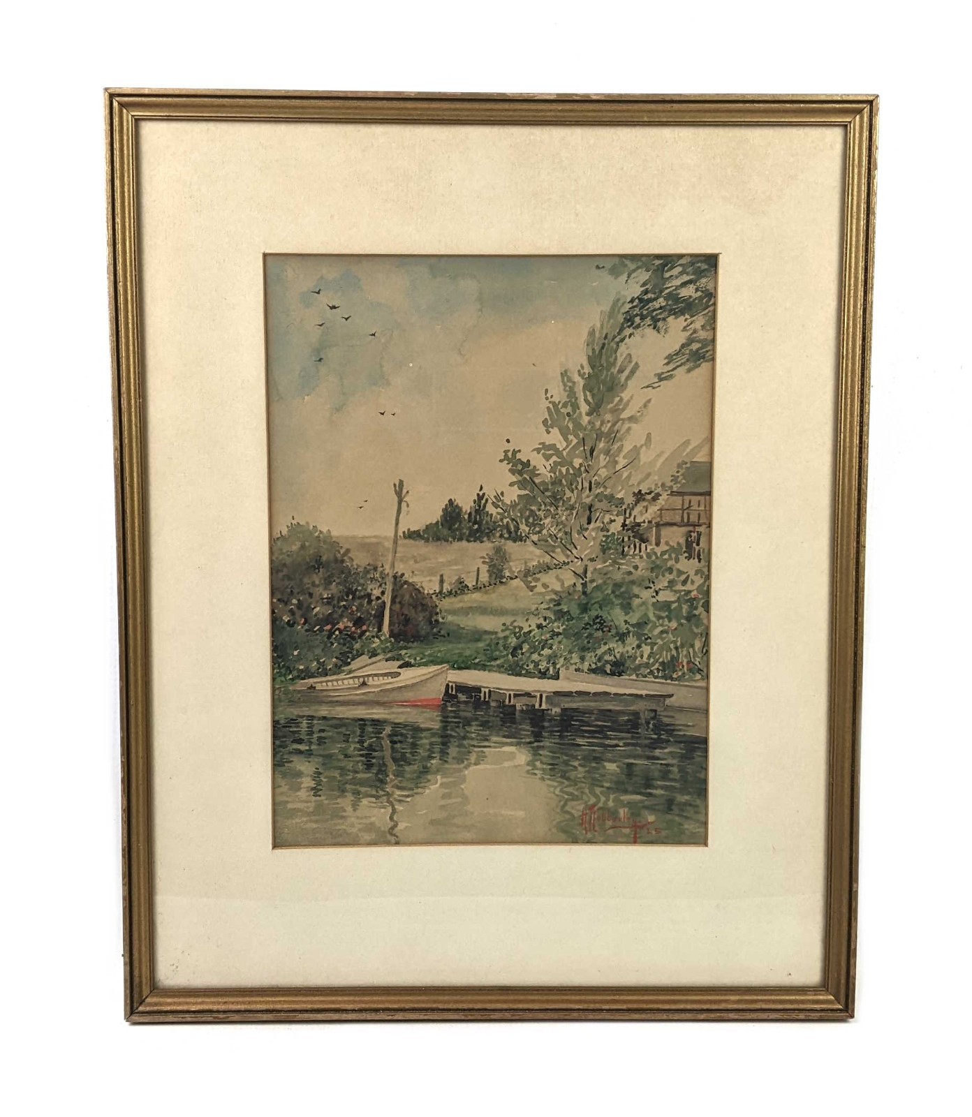 Vintage Antique Watercolor Painting of Mountain Lake New Hamphsire Signed
