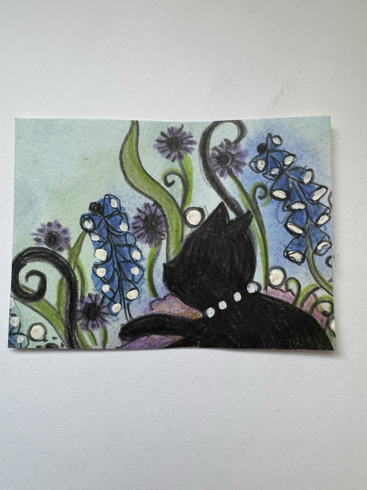 Aceo Original Art Trading Card, Cat In Purple Flower Garden, Art By Sommer Rayn