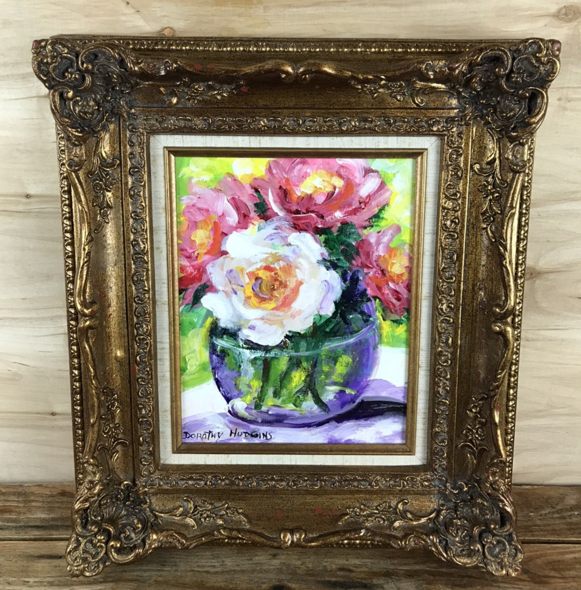 Vtg Oil On Board Floral Still Life Painting Ornate Gold Frame 16×14″ Hudgins