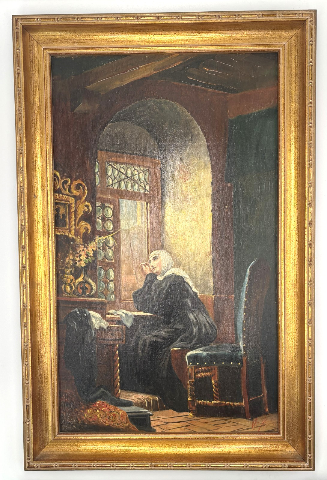 Antique Oil Painting 19th c After Gustav Adolf Kuntz ~ A Greeting From The World