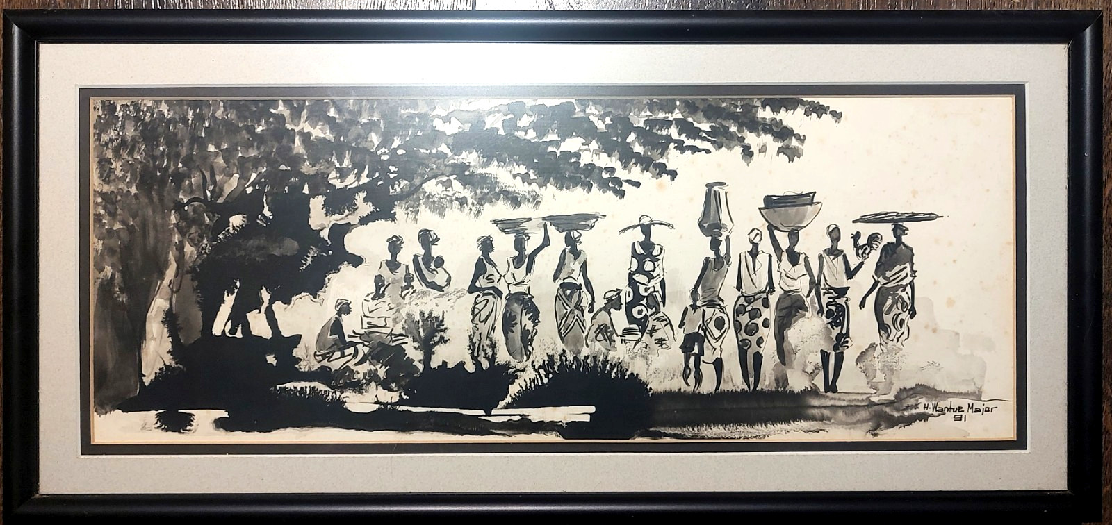 Vintage H. Wantue Major 1991 Original Ink Ink Wash Painting Liberian Life 20×10