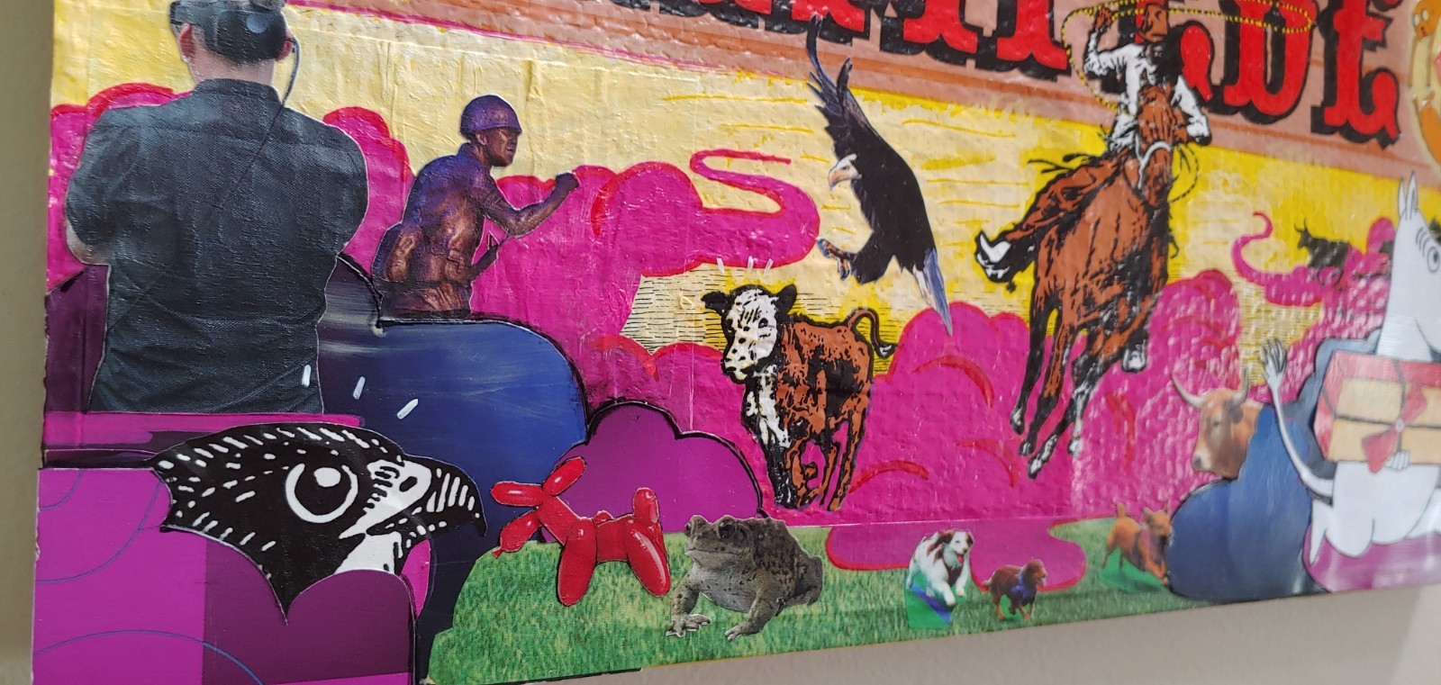 Colorful Modern Art Stampede Collage Moomin 16×8 Original Mixed Media on Canvas