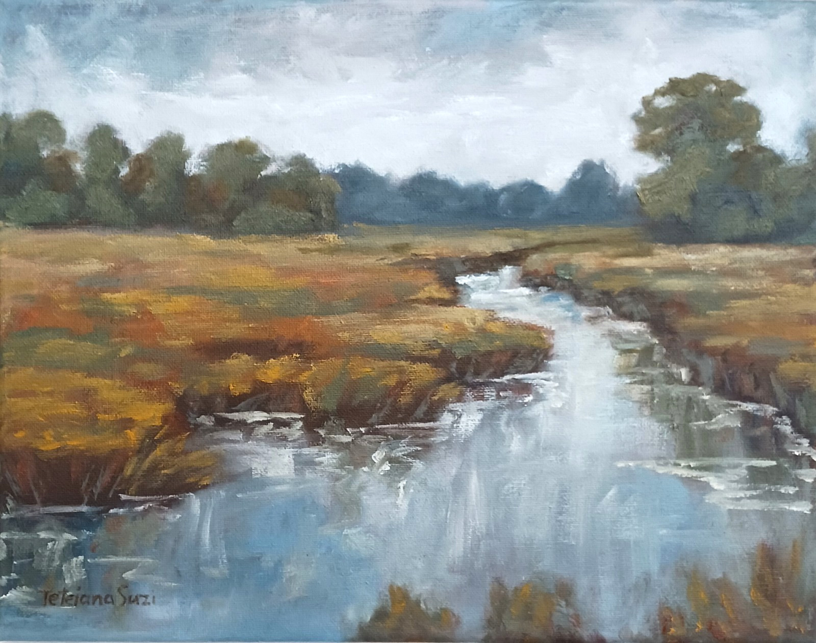 Moody Landscape ORIGINAL Oil Painting Impressionism River Marsh Field 11″x14″