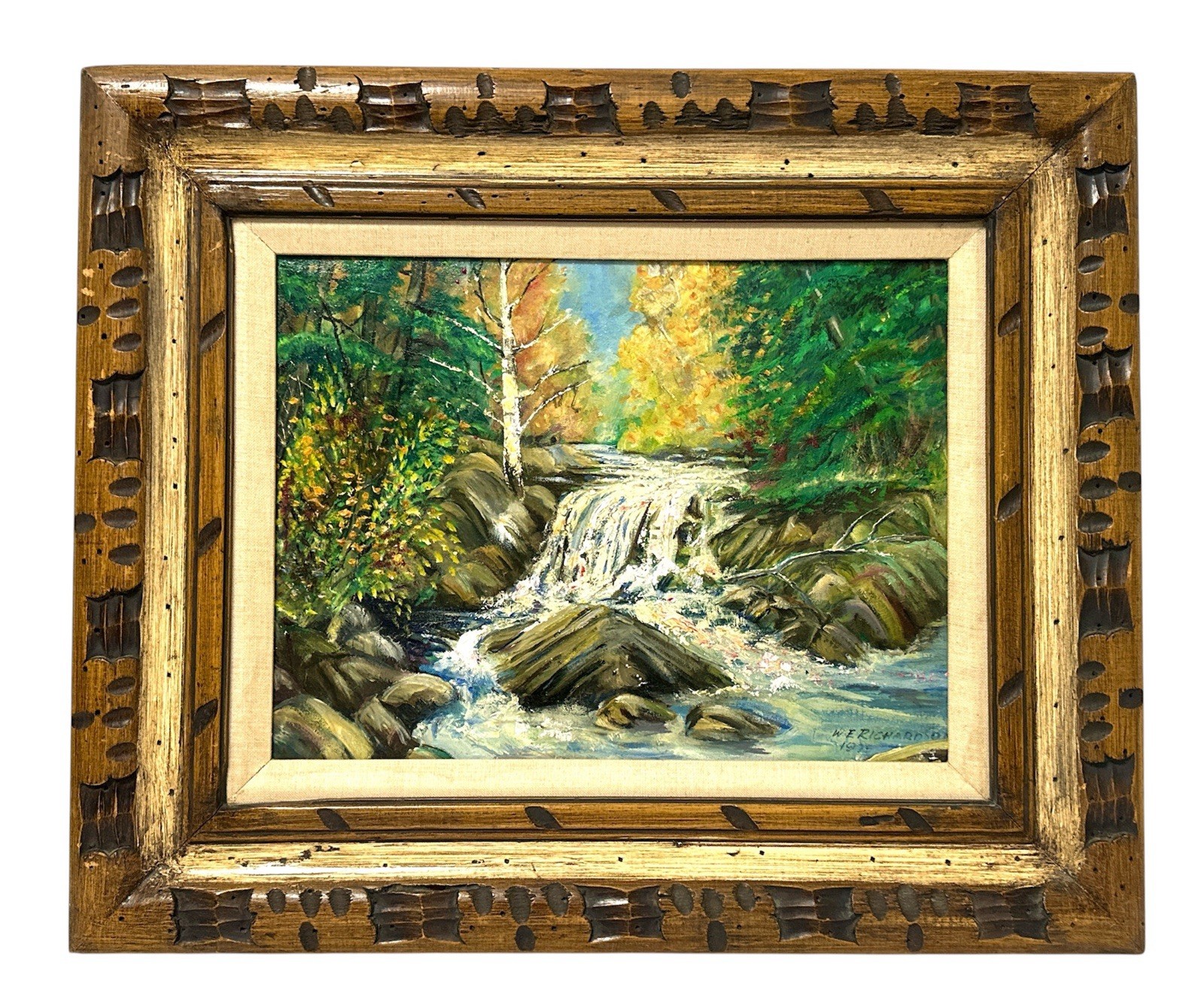 W.E. Richardson Original Oil Painting Waterfall Landscape 1975 Rustic 24×20
