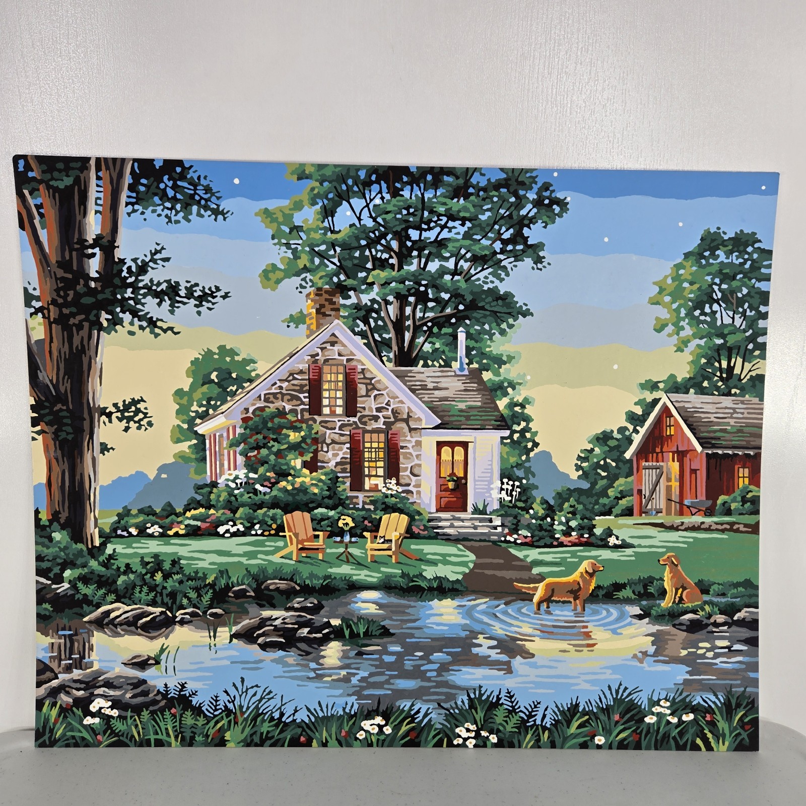 Summer Cottage Paint By Number Finished Acrylic Painting Golden Dogs Lake 20×16
