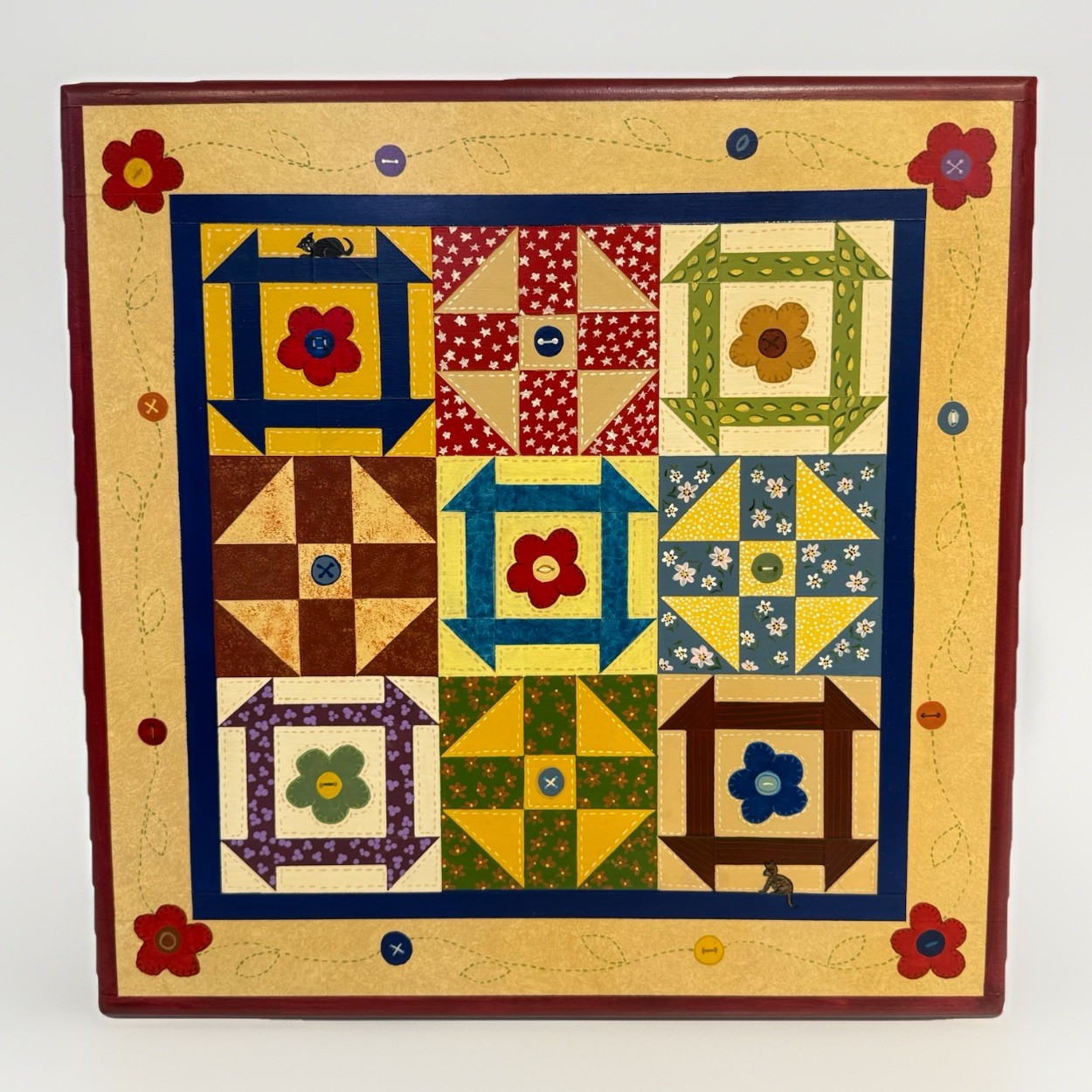 Wooden Quilt Hand Painted Artwork Wall Hanging Patchwork 17” Square Signed Dated