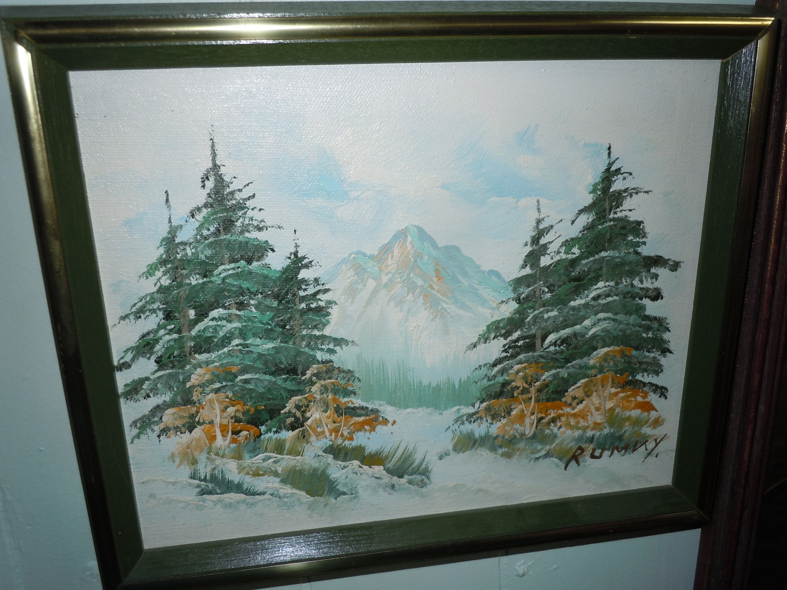 VINTAGE QUALITY OIL PAINTING SIGNED RUMKY ART WINTRY MOUNTAIN SCENE TREES
