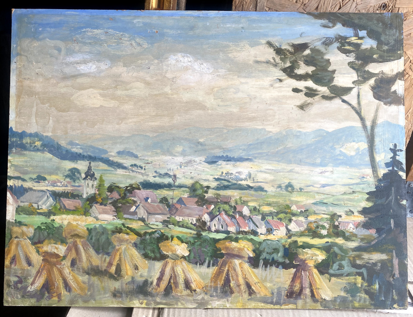 Oil Painting View Over A Valley Church Harvest Baroque Church Tower Mountains