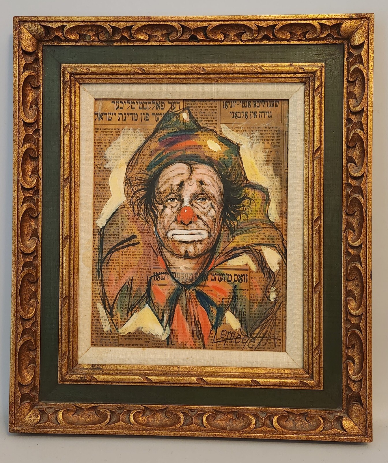 LOUIS SPIEGEL (d.1975) OIL PAINTING ON UPSON BOARD JUDAICA CLOWN VINTAGE FRAMED