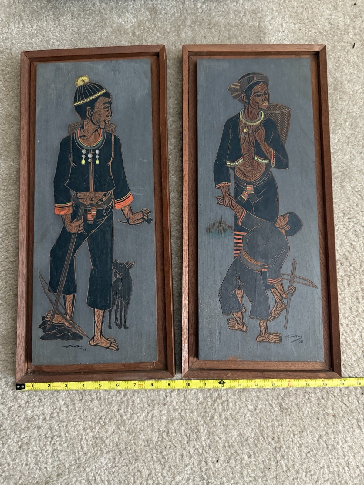 Vintage Asian Framed Art Set (Pair) – Traditional Tribal Figures