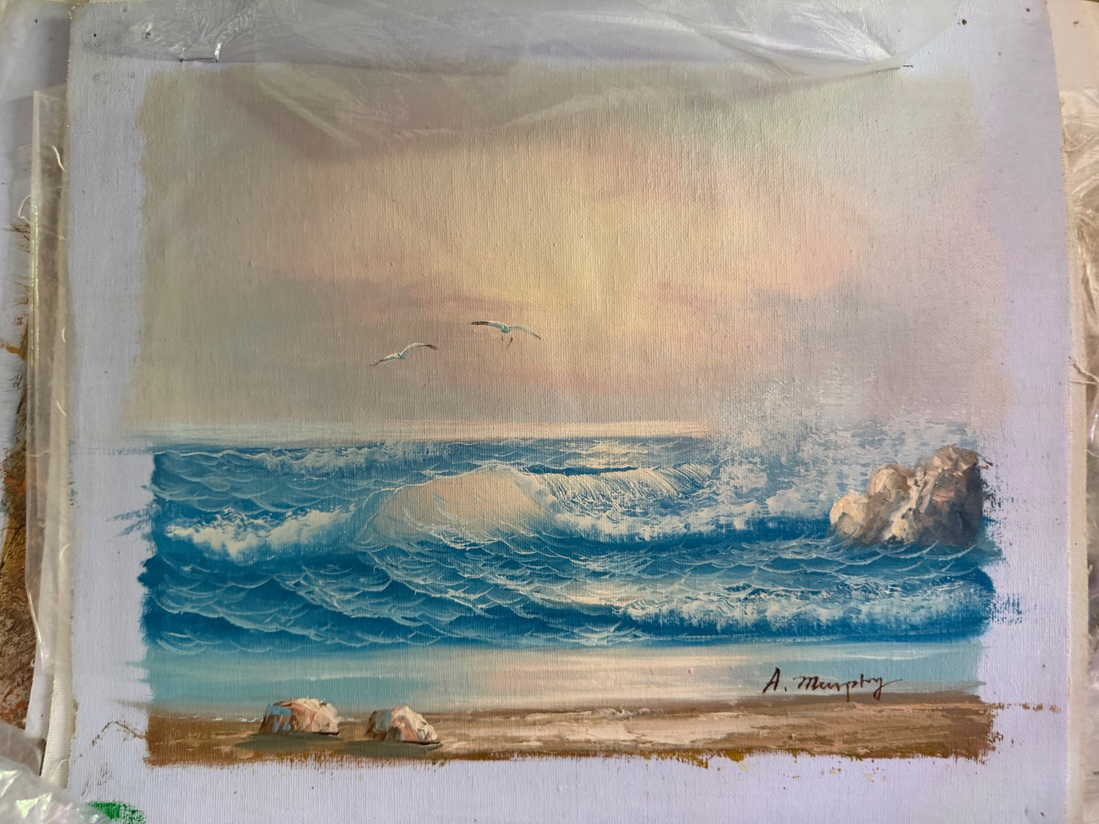 Vintage Coastal Seascape Ocean Waves & Seagulls Decorative Oil Painting Art