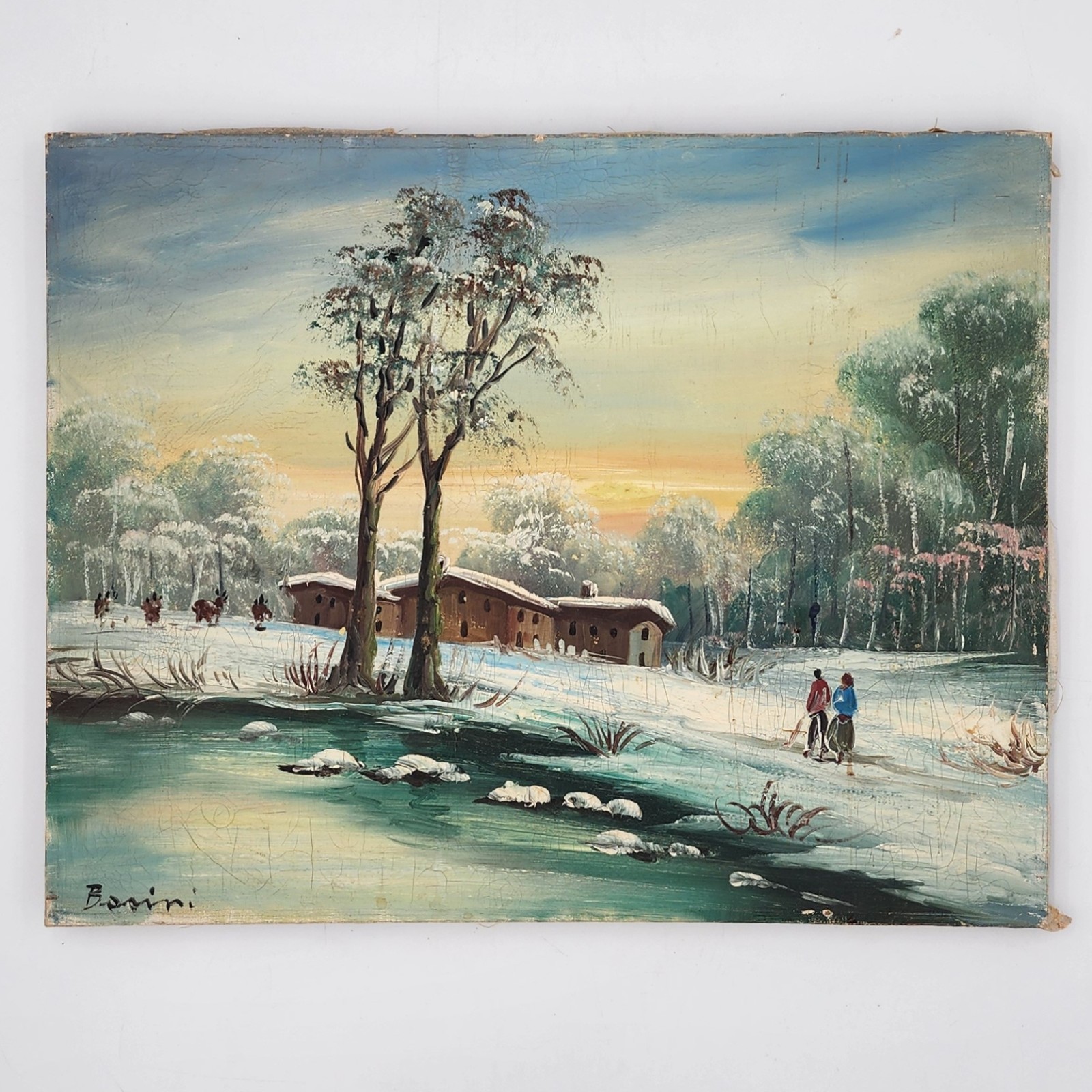 Vintage Original Oil Painting Winter Landscape Signed Basini Snow Cabin Scene
