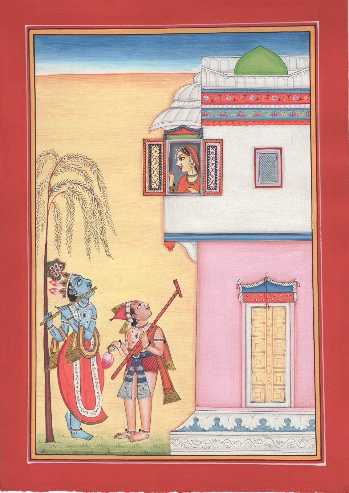 Kangra School Art Handmade India Miniature Balaram Krishna Radha Pahari Painting