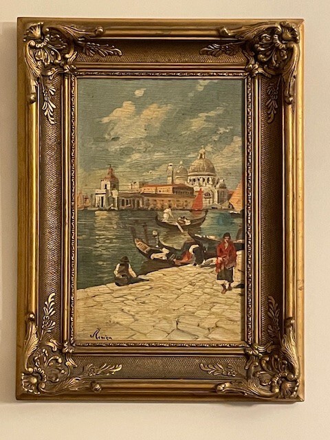 Early Painting of Venice – Italy on board – Canal Waterway Gondola Scene, Signed