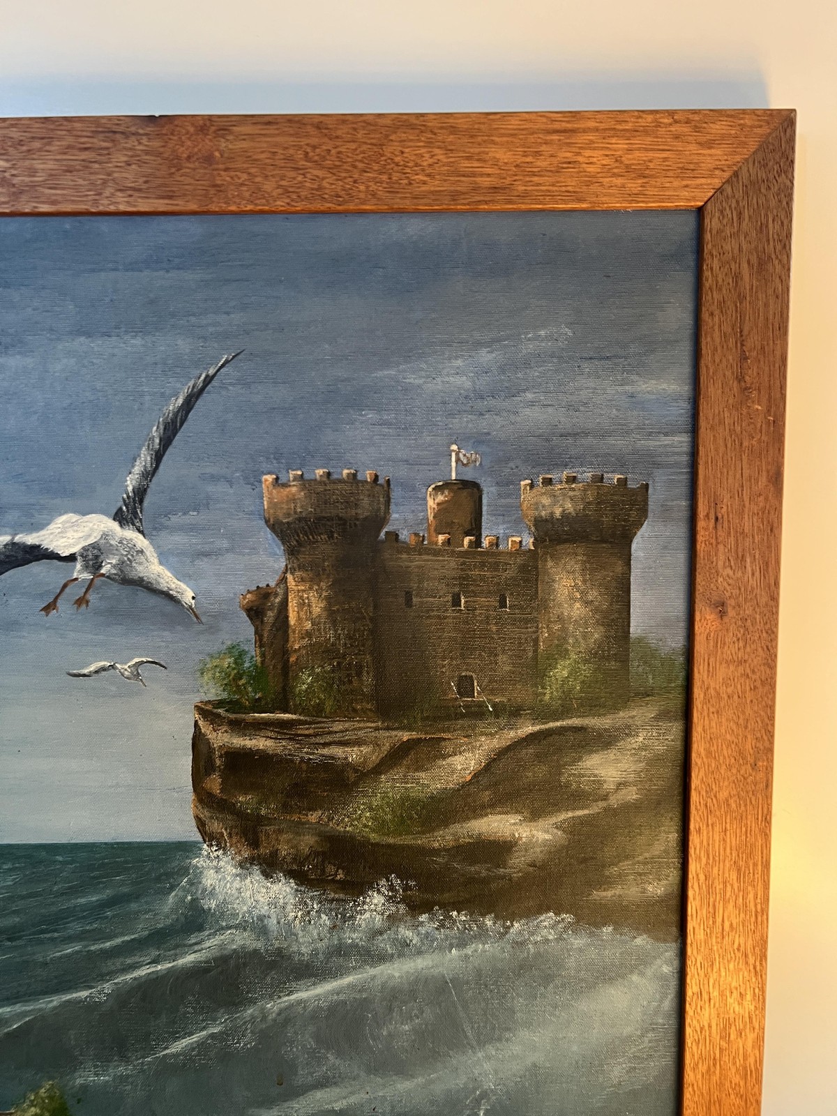 Seagulls Castle Cliff Seascape Framed Original Oil Painting Ken Mazzocchi 27×21