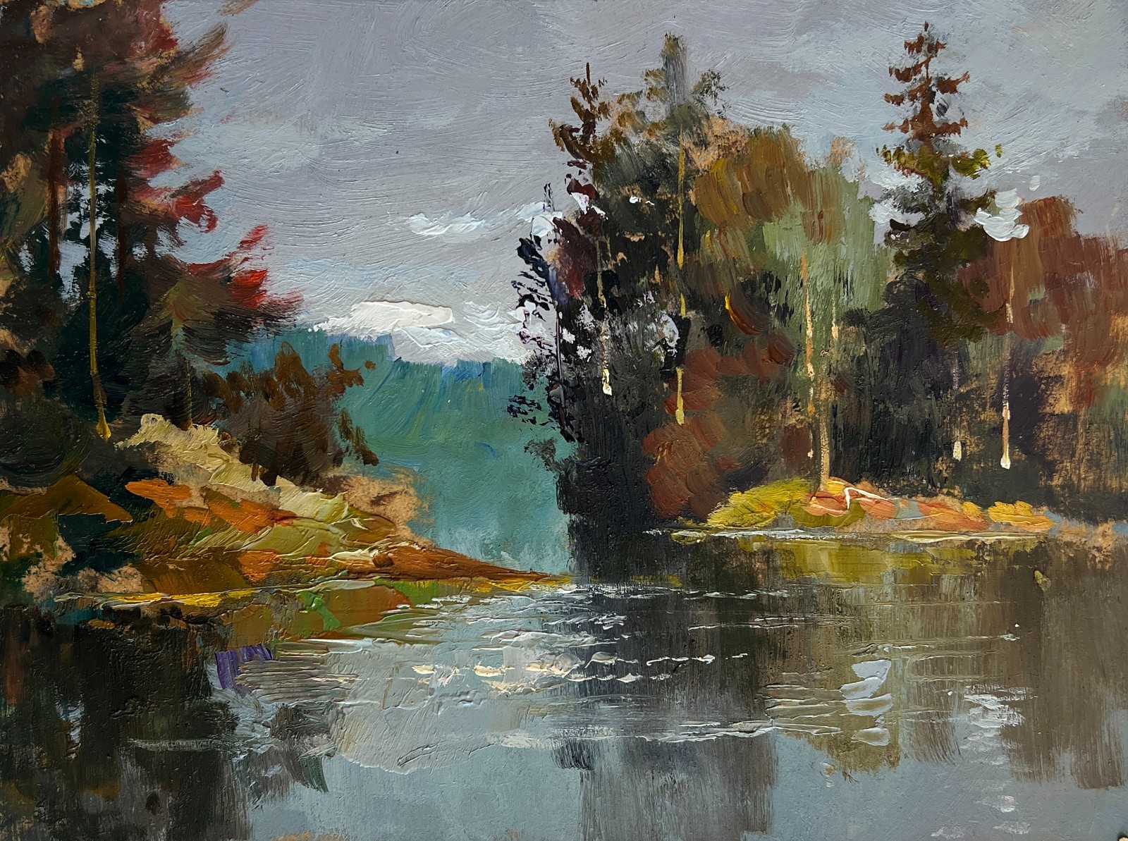 Oil Painting A River The Autumn Forest Y. Suprunchuk Unframed Original nAAA4397
