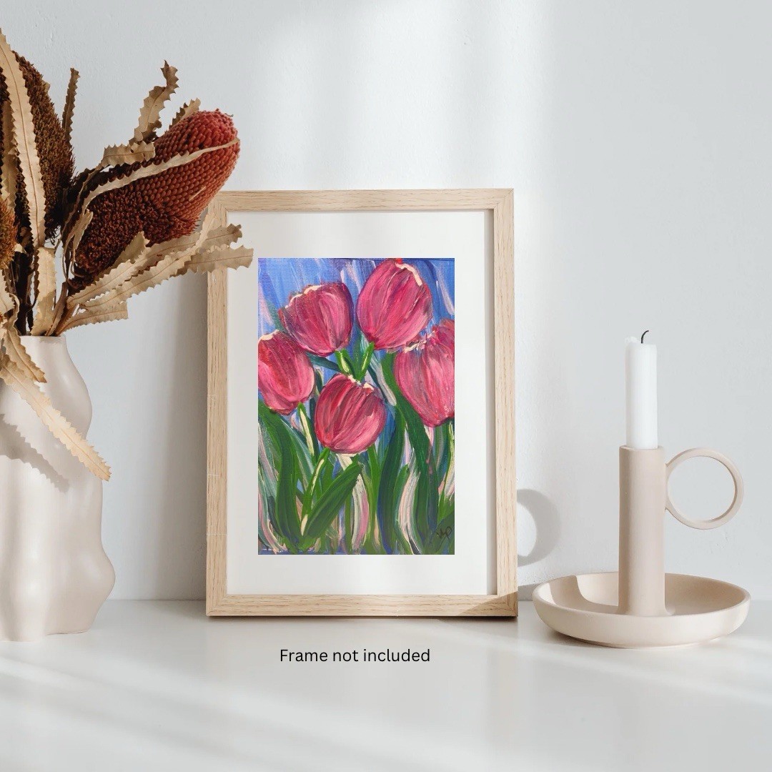 Magenta Tulips Impressionist Abstract Floral Acrylic Small 5×7 Canvas Panel
