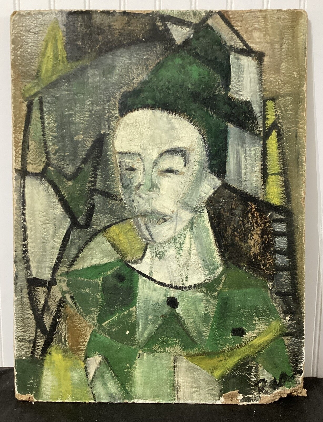 Abstract Painting Green Clown, Picasso Style, Cubism, Oil on Pressboard, Signed