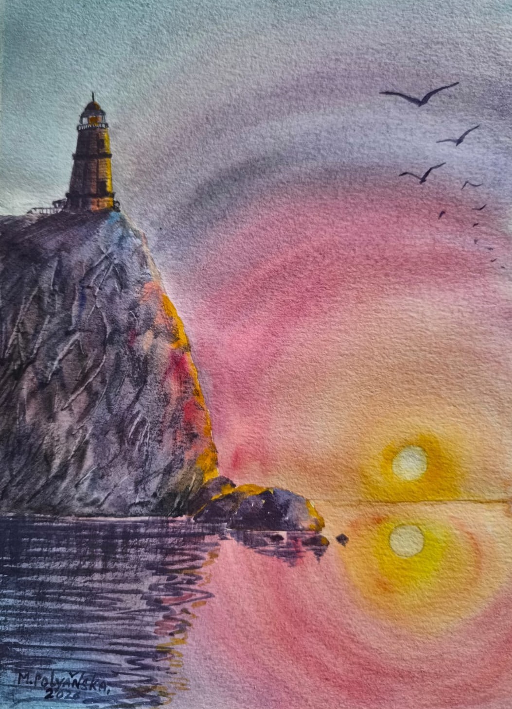 BIRDS LIGHTHOUSE Original Modern Artworks Painting Seascape SUN SKY Arts Gift A4
