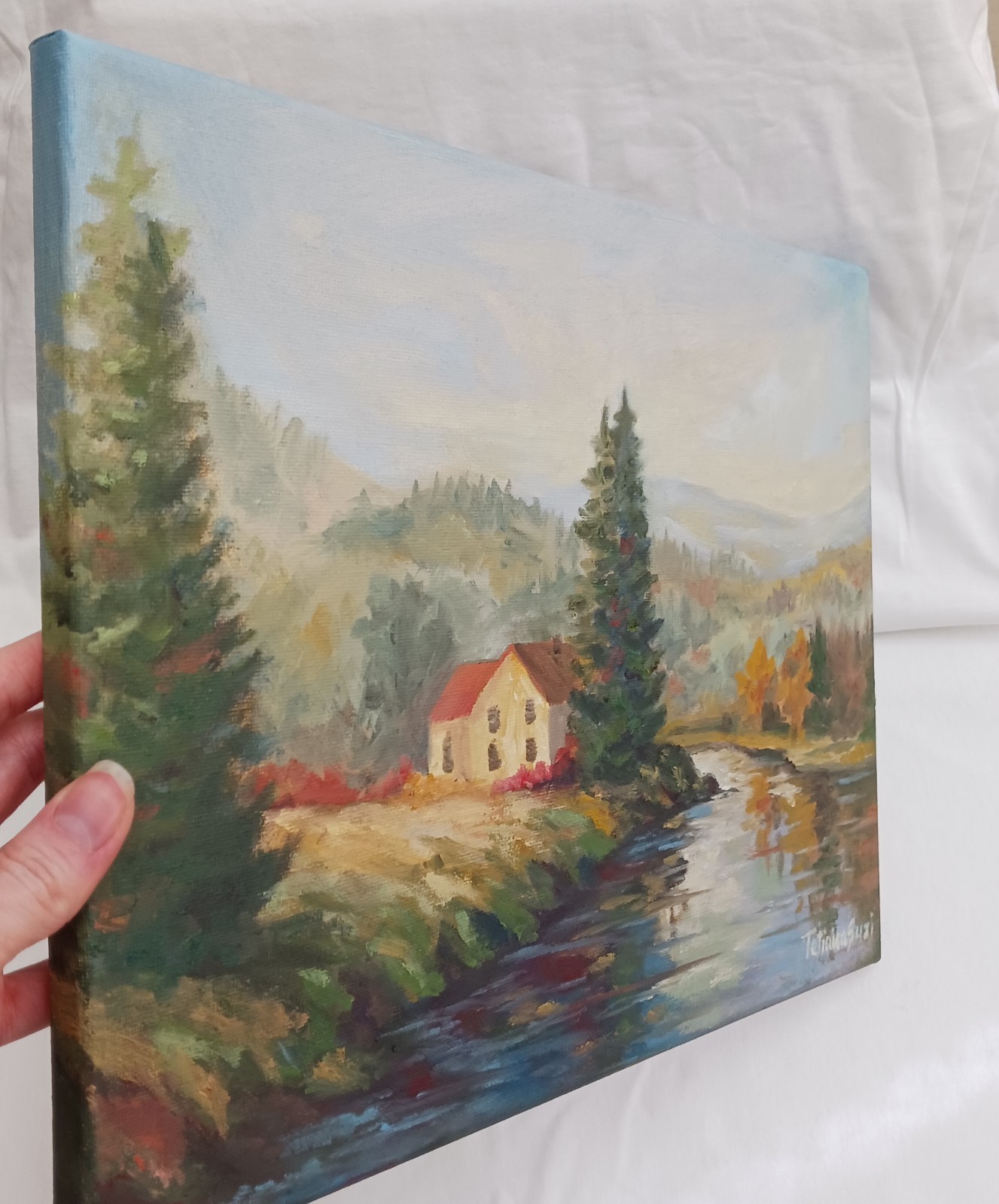 House by the River ORIGINAL Oil Painting Vintage Forest Country 11″x14″