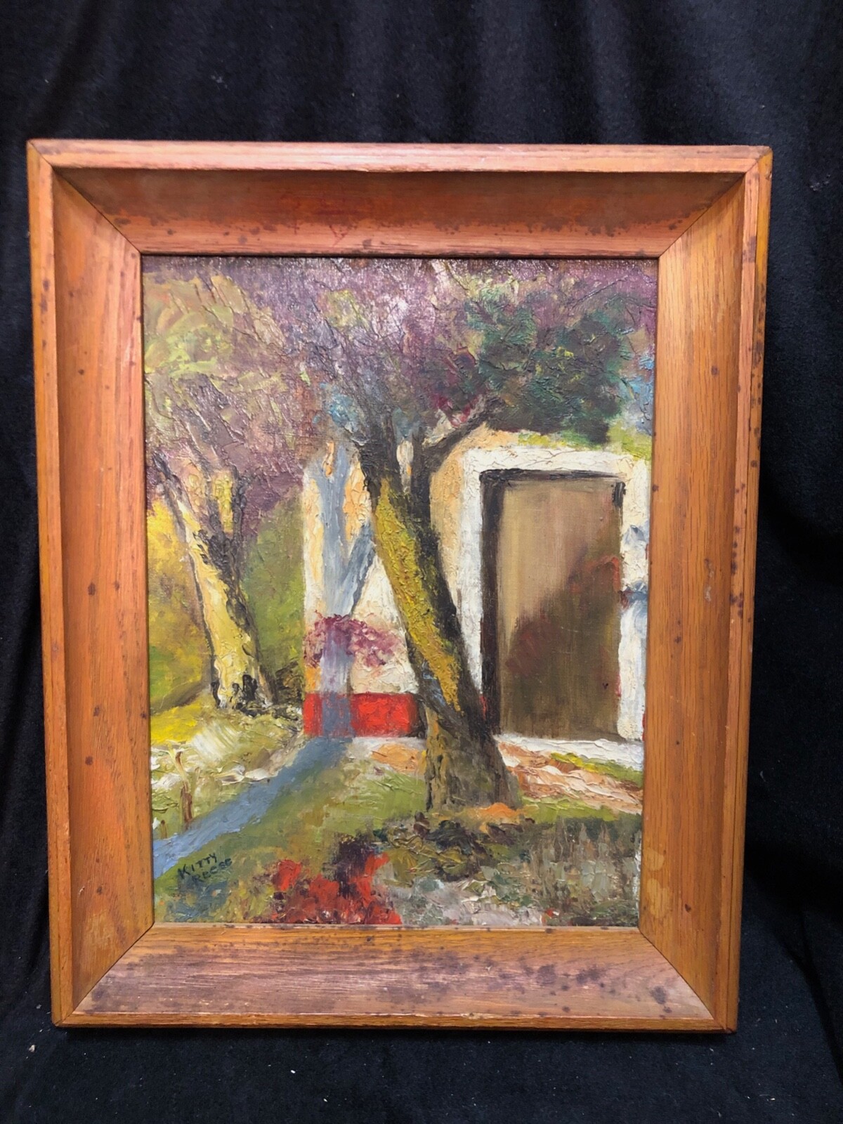 Primitive Painting Door Shadow Trees Small Moody Impressionist Signed Kitty 1961