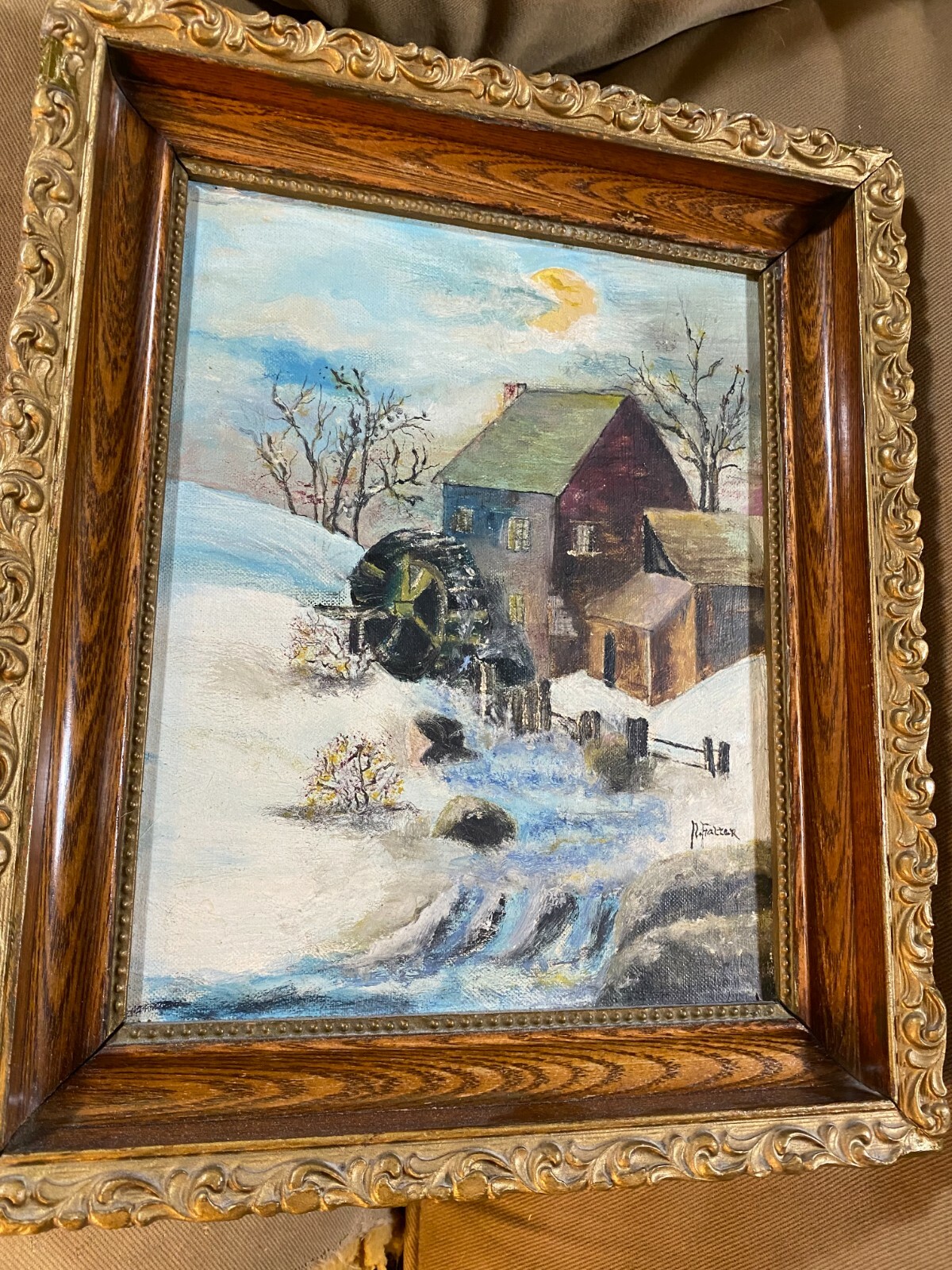 Antique R Falter «Winter Water Mill Scene» Oil Painting -Signed And Framed