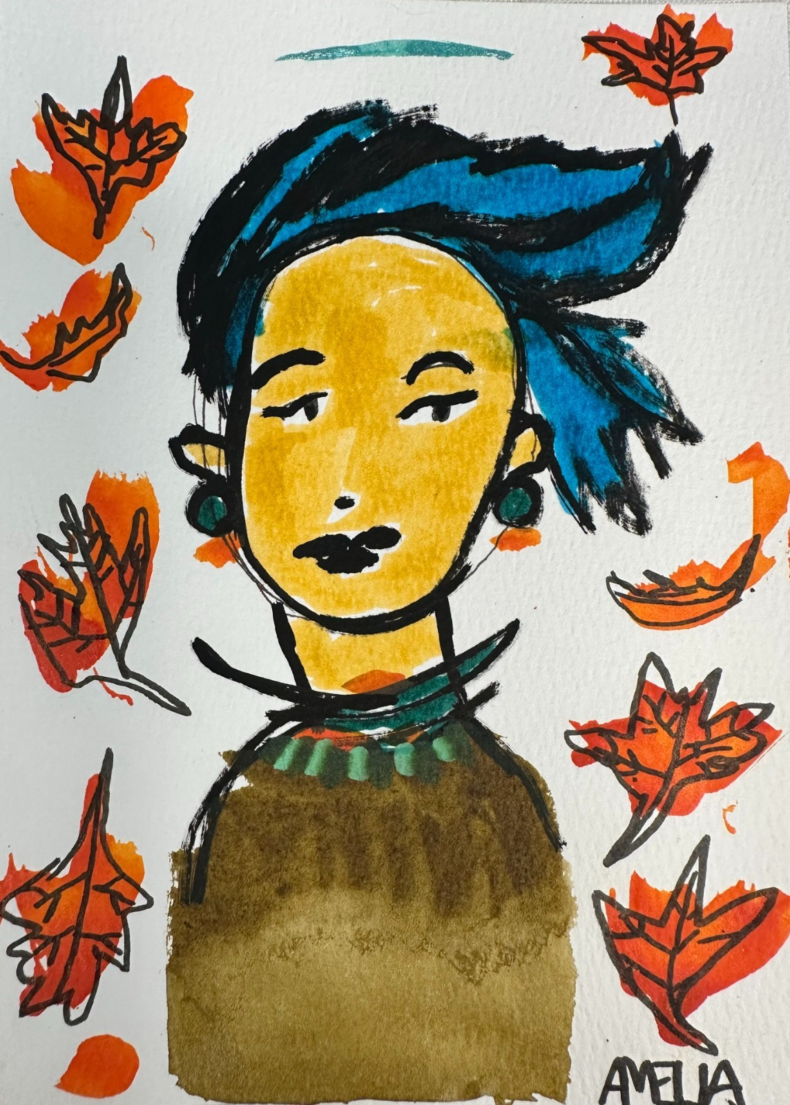 Original Art Painting OOAK «Woman Study» Fall Leaves Whimsical Small 5″ x 7″