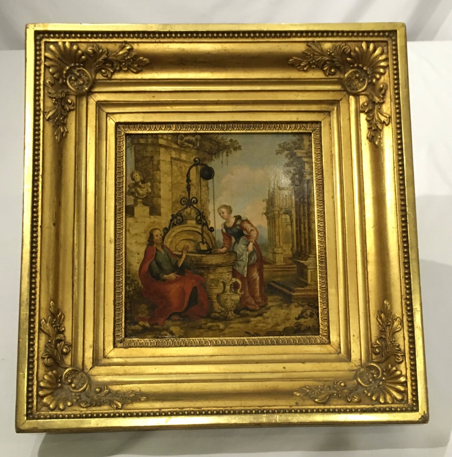 16th century framed stone tablet Painting of Jesus and the Samaritan at the well