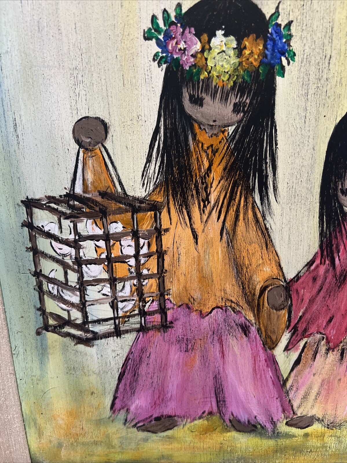 Rare Original Painting Signed By Lori Large Yellow Umbrella 3 Girls