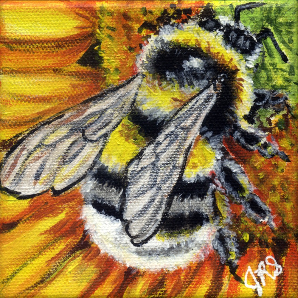 OOAK 2026 Painting «SUN BEE» 4″x 4″ x 1.5″ Acrylic on Stretched Canvas Signed
