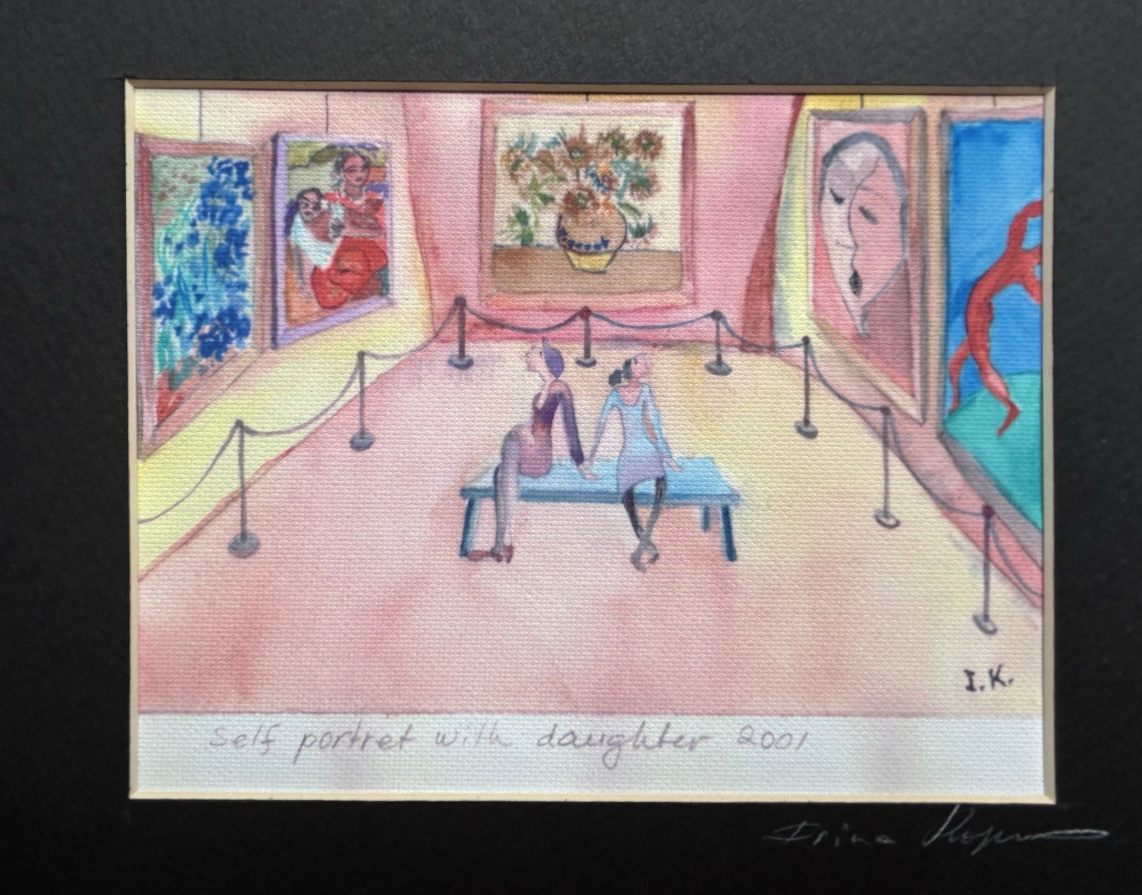 Whimsical Watercolor Painting“Self Portrait With Daughter” In Art Museum UNIQUE!
