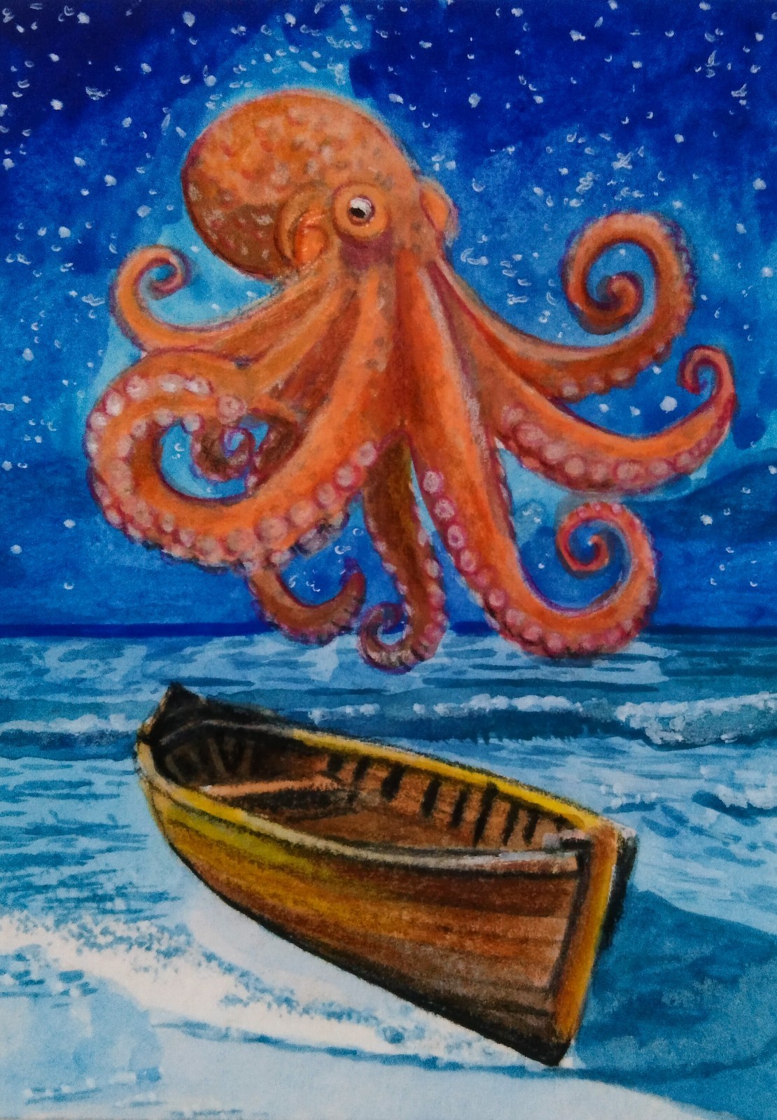 🧿Original ACEO Octopus🐙 Boat Watercolor Painting Miniature Art OOAK Signed