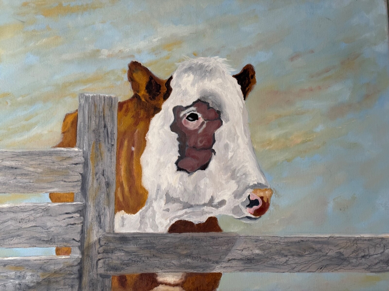 Farming Cow at the fence on 18 x 24″ canvas by R.W.Weiss